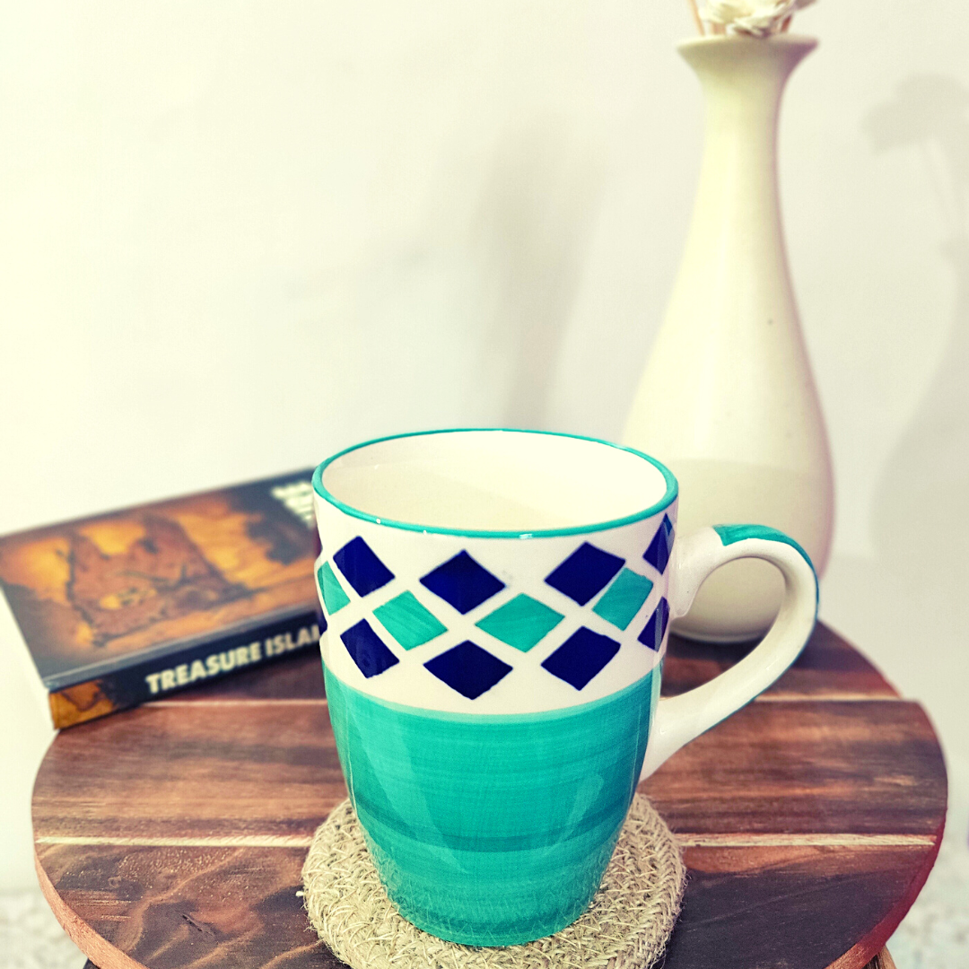 Microwave safe ceramic hand Crafted and hand painted Coffee Mug, green in color, Suitable for Coffee, Tea, Juice, and other beverages (250ml) Set of 1